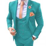 Casual Men's Suits Slim Fit 3 Pieces Wedding Groom Tuxedos Blazer Tux Vest Trousers Prom Suit Turquoise 2022 New