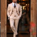 Beige Wide Peak Lapel One Buttons Men Suits 3 Pieces Latest Design Costum Homme Groom Wedding Terno Masculino Slim Fit B