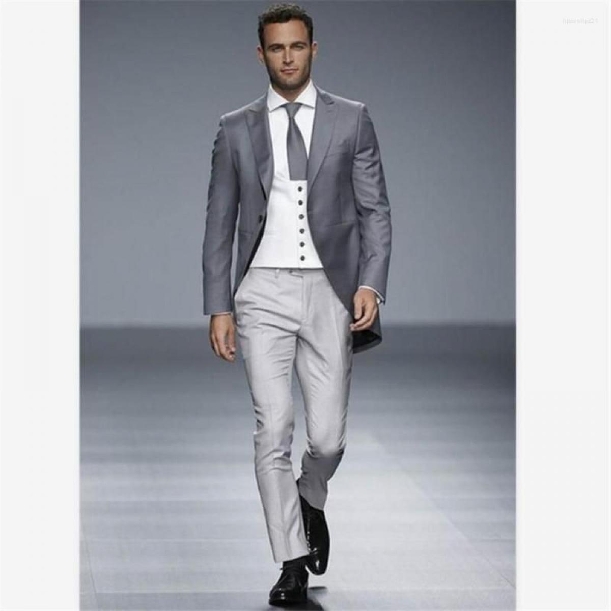 Men's Suits Classic Smolking Terno Slim Fit Easculino Evening For Men Gray Tailcoat Groom Blazer Wedding Prom 3pcs