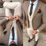 Thick Word Ni Matrimonio Winter Tweed Fabric Suit Beige Slim Fits Men Prom Party Coat Trousers Set (jacket+vest+pants)