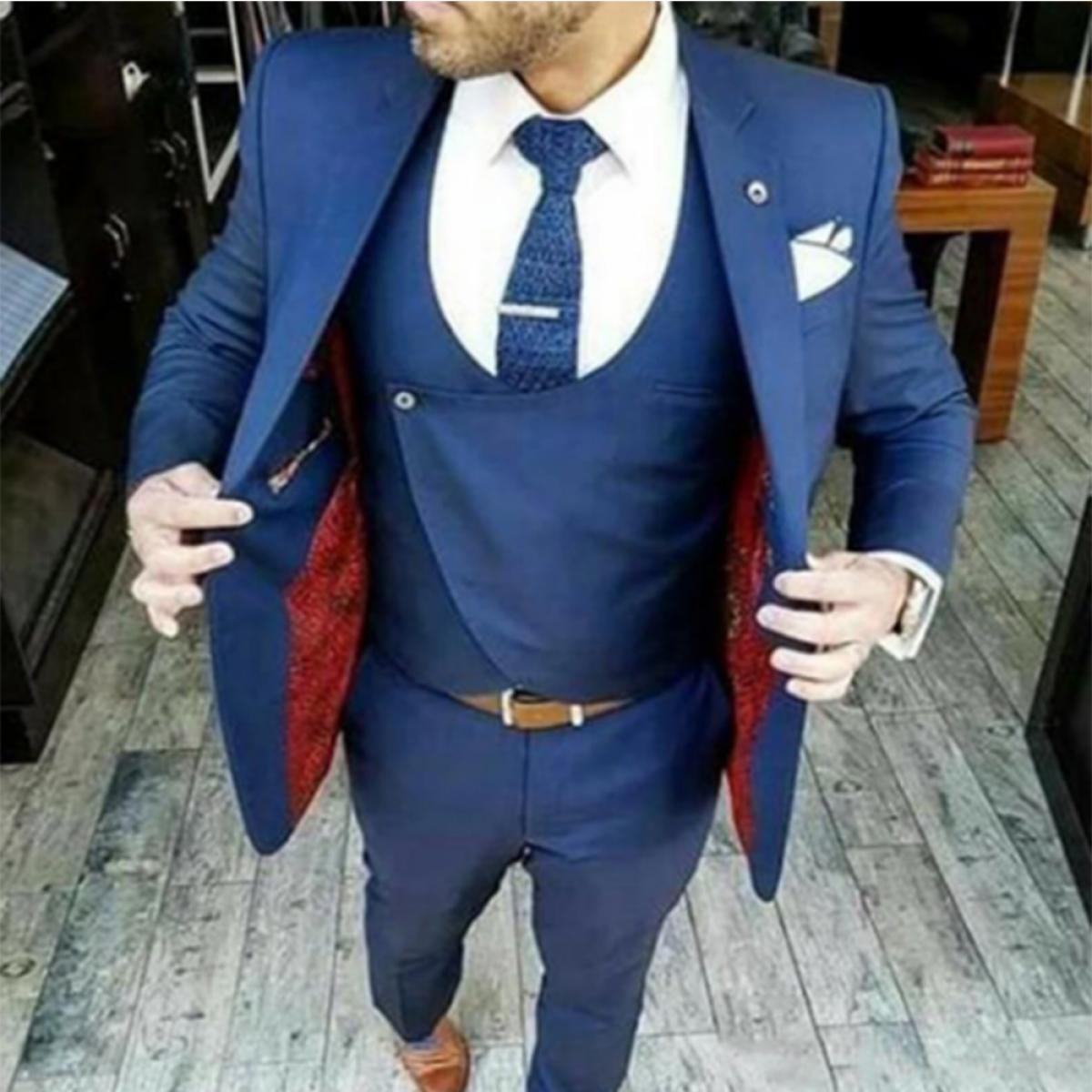 Navy Blue Groom Wear Suits Fashion Design Men Suits Custom Made Shawl Lapel Blazer 3 Pieces(jacket+vest+pants) Costume H