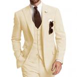 Beige Three Piece Business Party Best Men Suits Peaked Lapel Two Button Custom Made Wedding Groom Tuxedos 2022 Jacket Pa