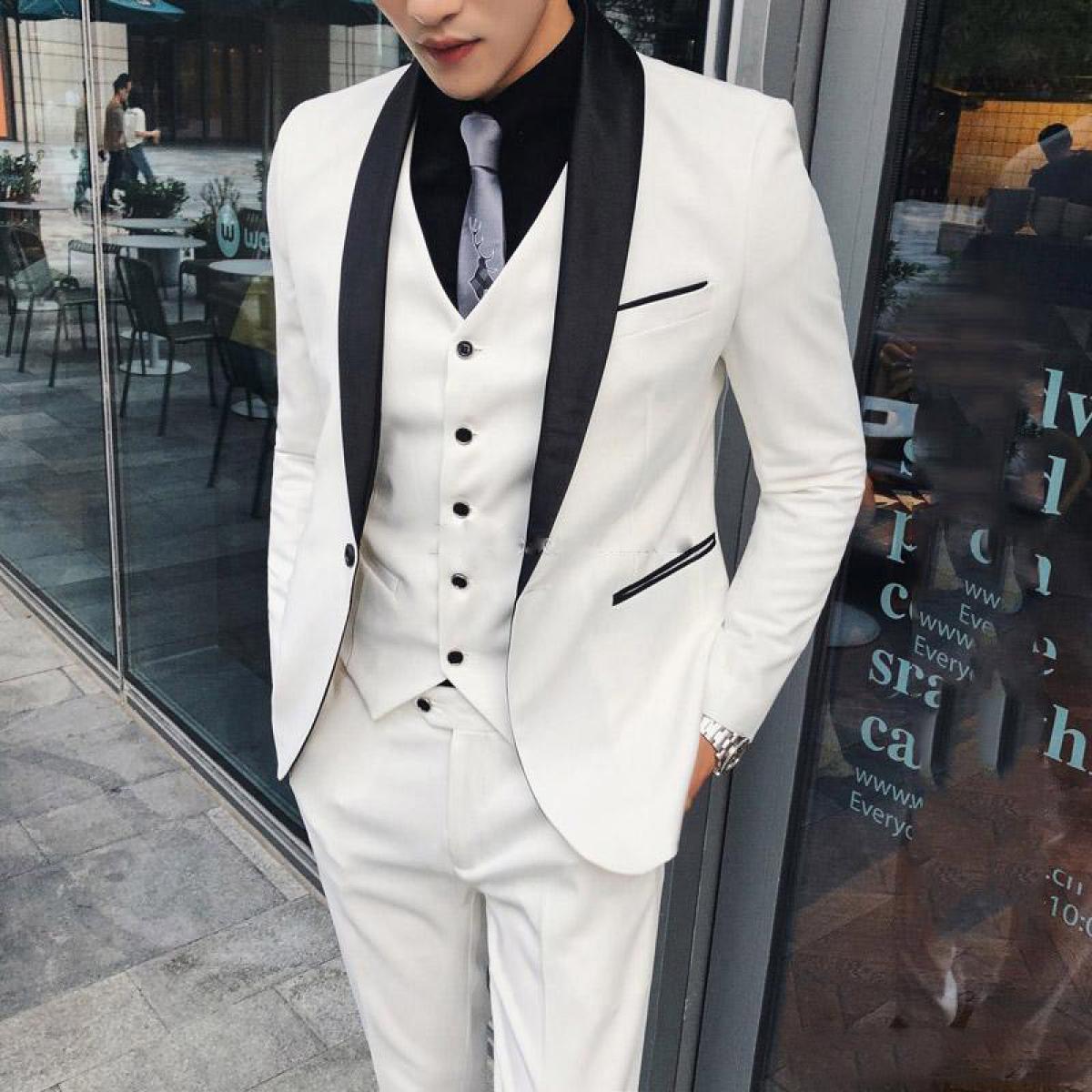 Lvory Men Suits For Wedding  Black Shawl Lapel One Button Blazer Jacket Prom Slim Fit Groom Tuxedos 3 Piece Vest Pants