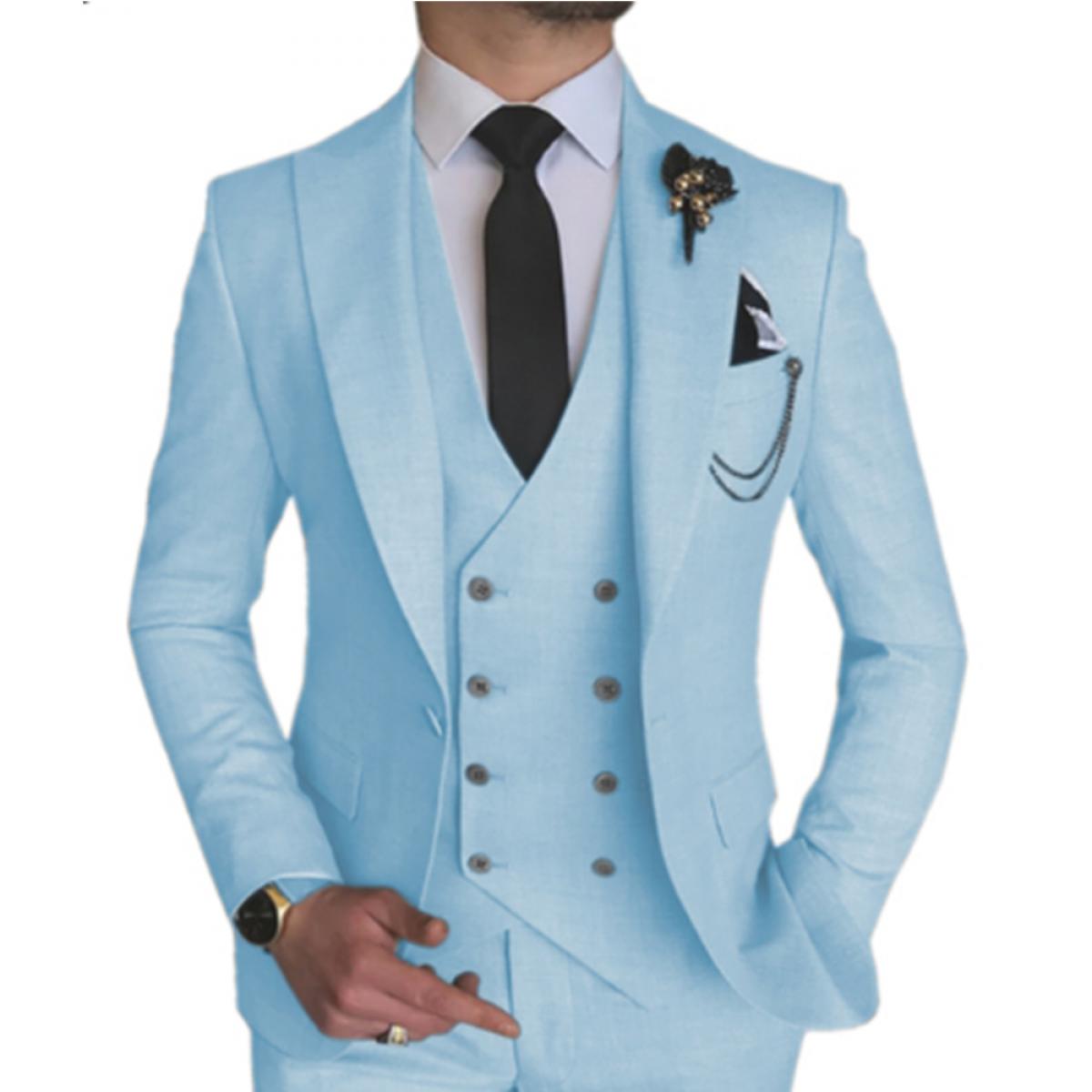 US 151.16 Fashion Smart Business Sky Blue Costume Homme Wedding Men Suits Peak Lapel Groom Tuxedos Terno Masculino Prom Blazer 3 P Description
