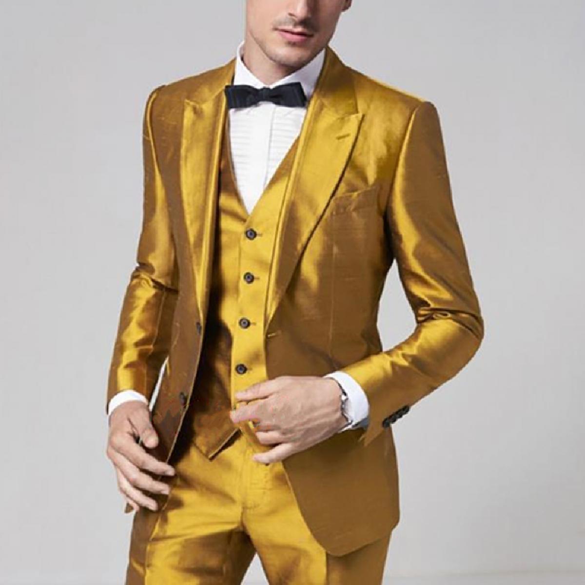 2023 New Arrival Golden Yellow Suits Slim Fit Prom Party Stage Performance Costumes Ternos Ceremony Suits Men 3 Pieces  