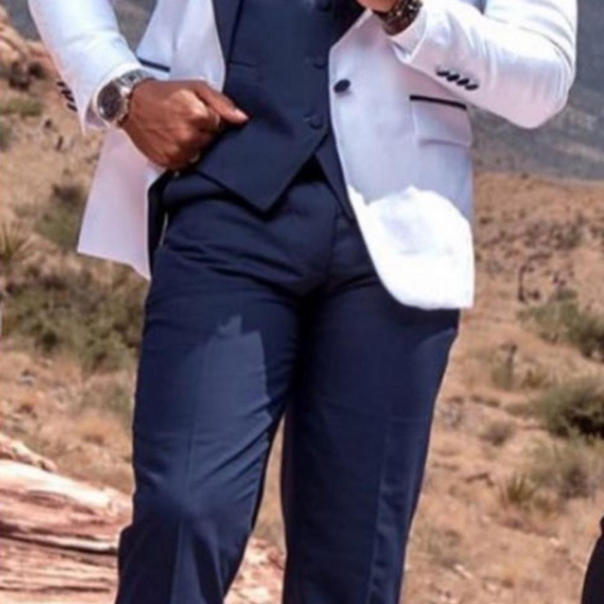 Men Suits Navy Blue And White Groom Tuxedos Shawl Lapel Groomsmen 3 Pieces Set ( Jacket + Pants + Vest  )