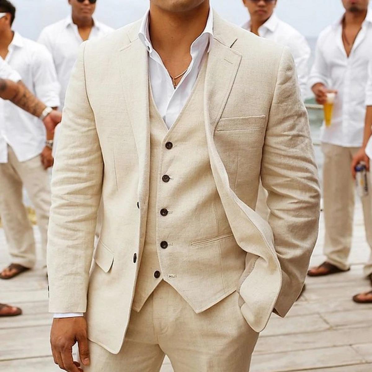 Mens Suits Blazers 3 Piece Linen Summer For Wedding Groom Tuxedos Casual Beach Custom Set Jacket Vest With Pants Fahion
