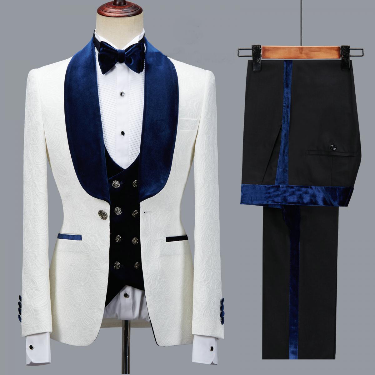 Navy Blue Velvet Men Suits Slim Fit Male Fashion Elegant Wedding Groom Tuxedos Codtume Homme Mariage 3pcs(blazer+pants+v