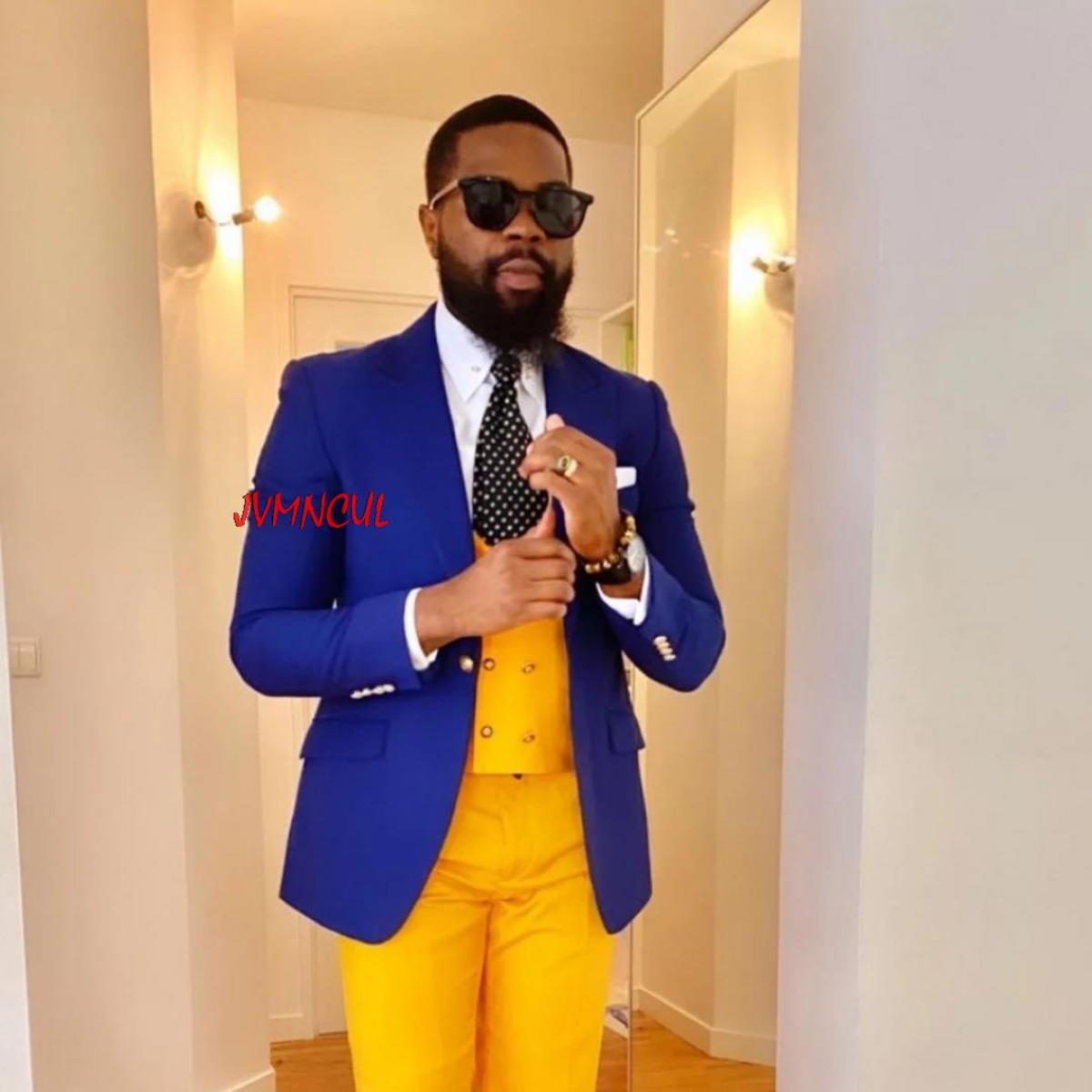 US 99.63 Costume Homme Royal Jacket Yellow Double Breasted Vest Pant Wedding Groom Tuxedos Terno Masculino Slim Fit Prom Blazer 3 Description