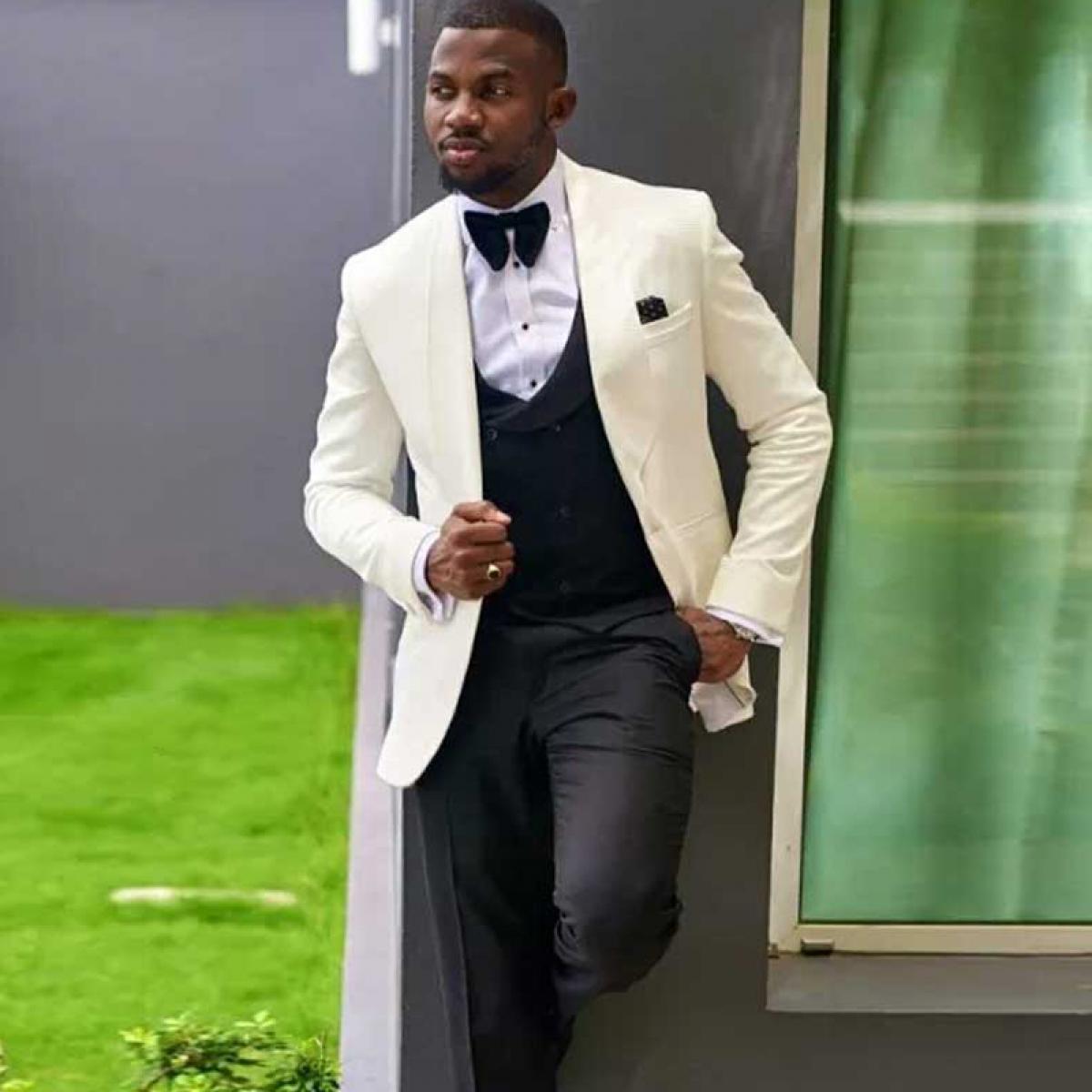 Ivory Groom Tuxedos Men Suits For Wedding With Black Pants Male