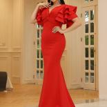 Missord Deep V Neck Butterfly Sleeve Evening Party Banquet Dress Women Elegance Backless Red Floor Length Dresses