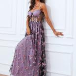 Missord Summer Women See Through Maxi Dresses  Spaghetti Strap Floral Embroidery Mesh Backless Long Evening Party Prom D