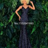 Sparkly V Neck Mermaid Evening Gowns Elegant Backless Sleeveless Prom Dress Glitter Spaghetti Strap Brush Train Party Dr