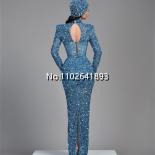 Ocean Blue Glitter Mermaid Evening Dresses High Neck Long Sleeves Middle Slit Backless Celebrity Dress Floor Length Part