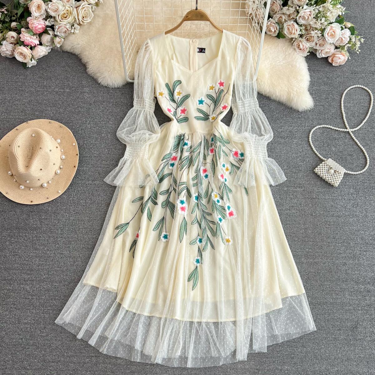 Autumn White Embroidery Dress For Women Mesh Stitching Two Layered Midi Vestidos Elegant Tulle U Neck Dot Traf Floral Sw