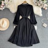 Autumn Long Black Vintage Dress For Women Embroidery Lace Up Midi Female Vestidos Ruched Festival Elegant Full Sleeve Ne