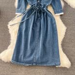 Autumn Vintage Denim Dress For Women 3/4 Sleeve Patchwork Shirt Dresses Female Drawstring Jeans Vestidos Streetwear Casu