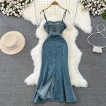 Autumn Vintage Denim Dress For Women Ruffle Layered Spaghetti Strap Midi Female Streetwear Ankle Length Bodycon Causal T
