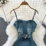 Autumn Vintage Denim Dress For Women Ruffle Layered Spaghetti Strap Midi Female Streetwear Ankle Length Bodycon Causal T