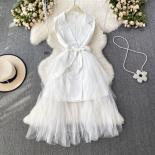 Elegant White/black Tulle Dress For Women Mesh Stitching Lace Up Notched Midi Female Prom Vestidos Tank Layered Wedding 
