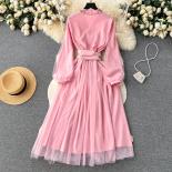 Summer Long Luxury Dress For Women Pink Tulle Stitching Midi Female Festive Dresses Embroidery Elegant Long Sleeve Party