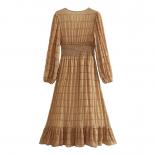 Summer Vintage Midi Dress For Women Pleated Shirring Long Sleeve Female Sundress Ruffle Waist Tarf Tulle Dresses Holiday