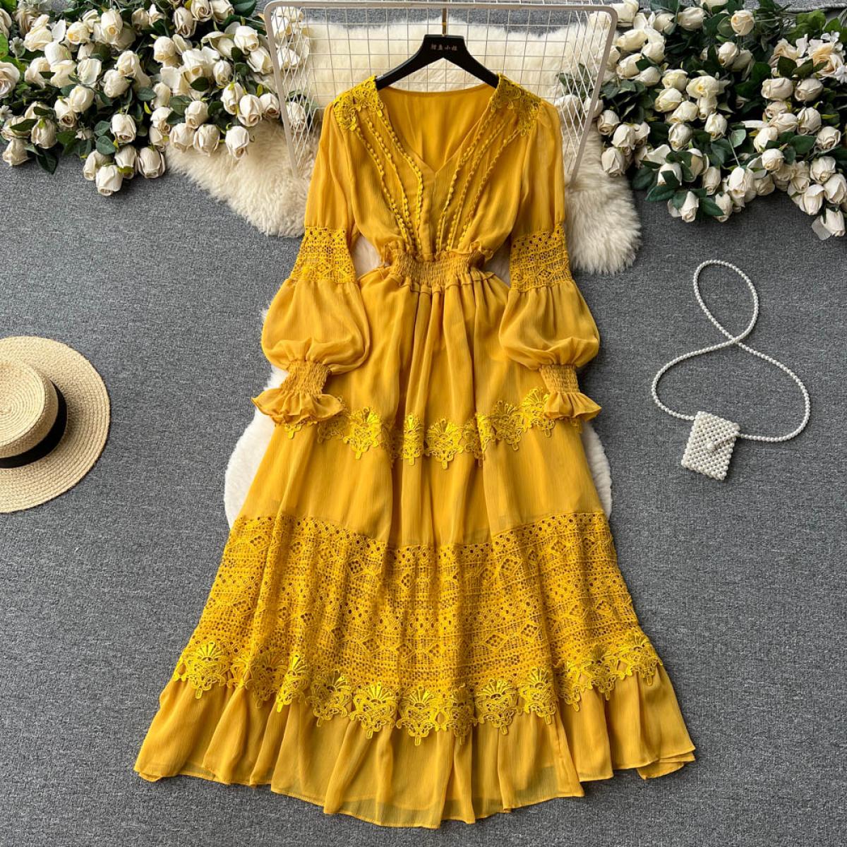 Summer Elegant Maxi Dress For Women Lace Patchwork Long Sleeve Bohemian Vestidos Sheer Luxury Party Holiday Vintage Tarf