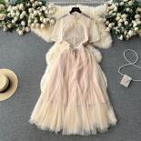 Summer Long Tulle Dress For Women Beige Openwork Lace Patchwork Midi Female Prom Dresses Party Evening Embroidery Luxury