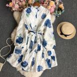 Spring Autumn Elegant Mini Dress For Women Long Sleeve Stand Collar Button Boho Short Tarf Beach Vacation Lacae Up Robe 