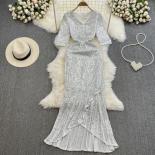 Summer Elegant Sequined Maxi Dress Party Evening Layered Mermaid Female Formal Vestiods Luxury Slim High Waist Long Tarf