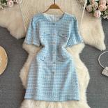 Summer Tweed Dress For Women Luxury Single Breasted Mini Tarf Chic Woolen Half Sleeve Female Vestidos Blue/pink/black Ne