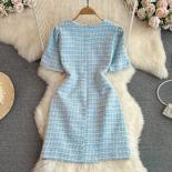 Summer Tweed Dress For Women Luxury Single Breasted Mini Tarf Chic Woolen Half Sleeve Female Vestidos Blue/pink/black Ne
