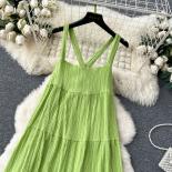 Summer Bohemian Long Dress For Women Beach Bandage Pleated Folds Loose Female Vestidos Holiday Tarf Green/white Criss Cr