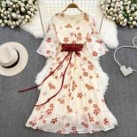 Summer Elegant And Pretty Long Dress For Women Floral 3/4 Sleeve Lace Up Chic Female French Vestidos Thin Tulle Traf New