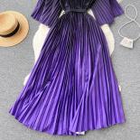 Verão vintage plissado maxi vestido para mulheres gradiente 3/4 manga feminina boêmio vestidos com cinto pista elegante tarf par
