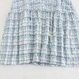 Summer Midi Plaid Sundress For Women Casual Square Collar Keen Vestidos Female Patchwork Cotton Puff Sleeve Office Lady 