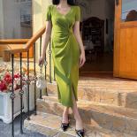 Summer Elegant Sheath Midi Dress Women Twist Square Collar Bodycon Female Vestidos Office Lady Green/black Chic Long Tar
