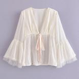Summer White Chiffon Blouse For Women Full Sleeve Hook Flower Ribbon V Neck Female Tops Thin Sheer Ruffle Chic And Elega