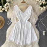 Summer Elegant White Midi Dress For Women Mesh Patchwork Deep Neckline Female Party Evening Vestidos Hook Flower Formal 