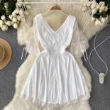 Summer Elegant White Midi Dress For Women Mesh Patchwork Deep Neckline Female Party Evening Vestidos Hook Flower Formal 
