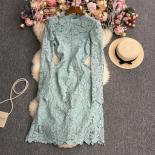 Spring Autumn Lace Dress For Women Hook Flowers Stand Collar Slim Female Vestidos Hollow Out Bodycon Midi Tarf New In Pa