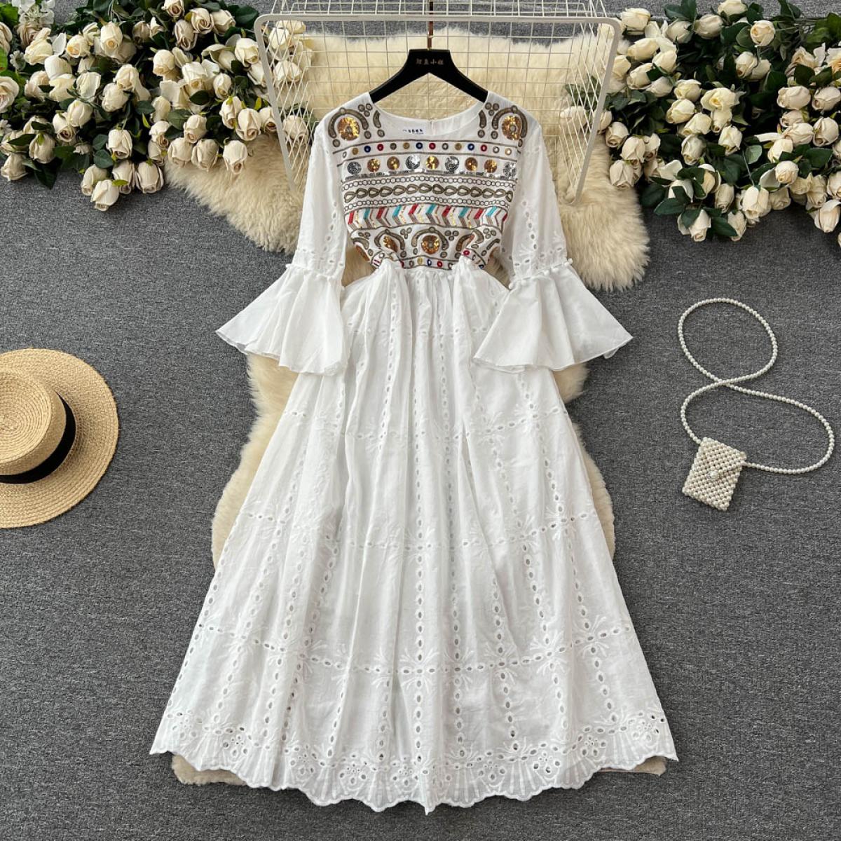 Summer Long Bohemian Dress For Women Embroidery Flare Sleeve Female Festive Dresses Hollow Midi Luxury Party Evening Tar