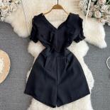 Summer Elegant Playsuits For Women Brown/black Ruffled V Neck Bodycon High Waist Layered Rompers Daily Going Out Casual 
