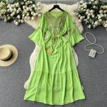 Summer Maxi Embroidery Dress For Women Bohemian Flare Sleeve Long Female Festive Dresses Belt Ruffle Party Evening Tarf 