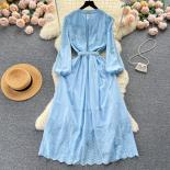 Summer Elegant Embroidery Maxi Boho Dress For Women Long Sleeve Hollow Belted Female Vestidos Luxury Single Breasted New