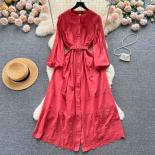 Summer Elegant Embroidery Maxi Boho Dress For Women Long Sleeve Hollow Belted Female Vestidos Luxury Single Breasted New