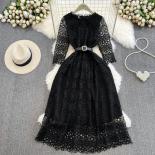 Bohemian Long Lace Dress For Women Hook Hollow 3/4 Sleeve Floral Maxi Luxury Dresses Sheer Ruched Belted Traf Elegant Ne