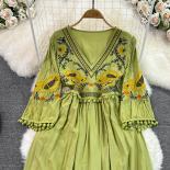 Summer Boho Midi Dress For Women Green Embroidery Binding Female Festive Dresses V Neck Beach Holiday Vestidos Vintage N
