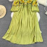 Summer Boho Midi Dress For Women Green Embroidery Binding Female Festive Dresses V Neck Beach Holiday Vestidos Vintage N