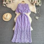 Youe Summer Bohemian Dress For Women White/purple/black Hook Flower Hollow Bating Sleeve See Through Belt Vestidos Femal